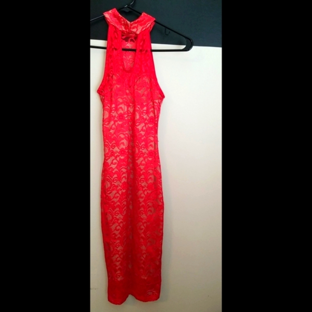 NEW LISTING! Red Nude Illusion Lace Mock Neck Dress - Picture 17 of 17